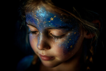 Girl with starry face paint enjoys a magical moment under dim lights at an evening event
