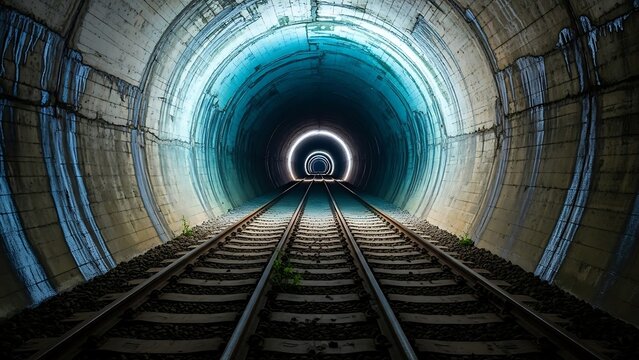 Illuminated train tunnel with tracks receding into the distance, offering a sense of depth