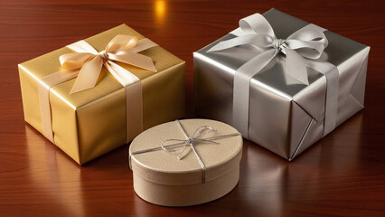 Trio of Elegant Gifts in Mixed Metallic Tones with Soft Ambient Glow