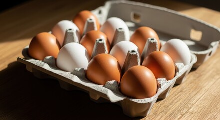 Close-up of Organic Brown and White Eggs in Paper Carton on Rustic Wooden Table