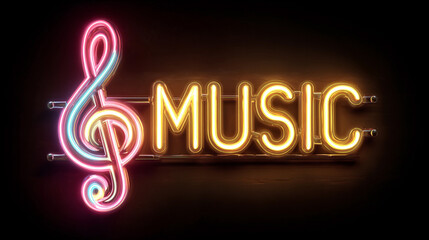 Colorful neon music sign lights up a dark background at night