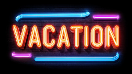 Bright neon sign announcing vacation vibes at night