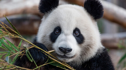 Obraz premium Panda enjoys bamboo in natural habitat during sunny day