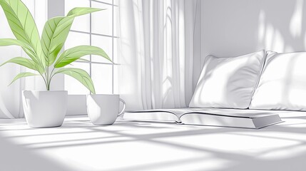 A sunny window sill with a potted plant, open book, coffee cup, and pillows. The scene is bright and airy with soft shadows.