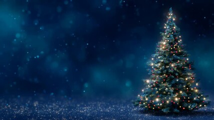 Christmas tree standing on sparkling snow, illuminating a dark blue background with festive bokeh and falling snow
