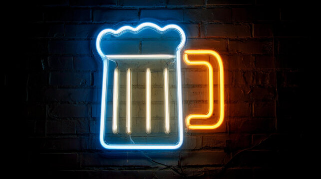 Bright neon beer mug sign glowing on a dark wall