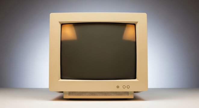 A front view of a vintage beige CRT computer monitor from the nineties on a white surface with a graduated background