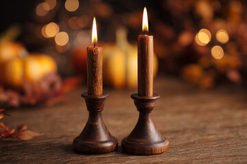 Celebration of light with wooden candlesticks and glowing candles in a cozy autumn setting
