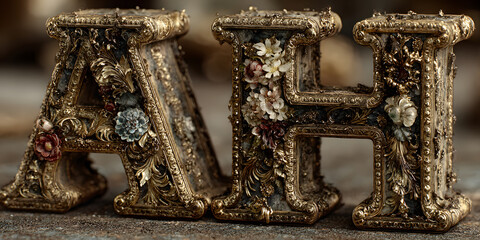 Ornate Vintage Letters A to H : Intricately designed golden letters A, B, C, D, E, F, G, and H in a vintage style