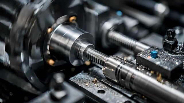 Medium shot of machinery threading nonferrous rods with detailed focus on the cutting process creating fine screw threads.