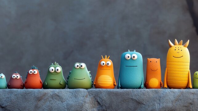 A group of colorful monster characters are lined up together on a stone surface against a gray background. They have different shapes, colors, and expressions.