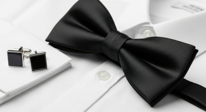 A classic black satin bow tie and silver cufflinks rest on a crisp white dress shirt, exuding elegance and sophistication for formal occasions