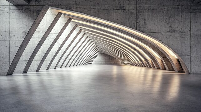 A modern concrete tunnel with illuminated arches and reflections. The image showcases architectural design with a focus on lines, light, and shadows.