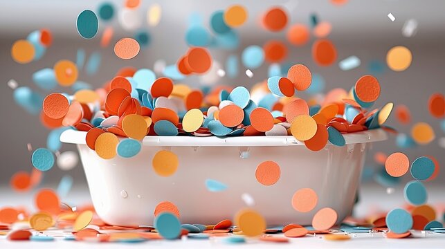 A white bowl filled with colorful confetti, with more confetti falling around it, creating a festive and joyful atmosphere.