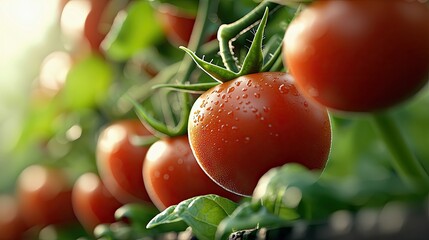 Close-up of ripe red tomatoes with water droplets growing on a vine with green leaves, bathed in sunlight in a garden setting.