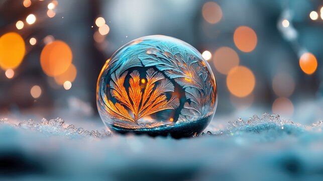 A crystal ball rests on snow, with a frosty pattern inside, and warm bokeh lights in the background, creating a winter scene.
