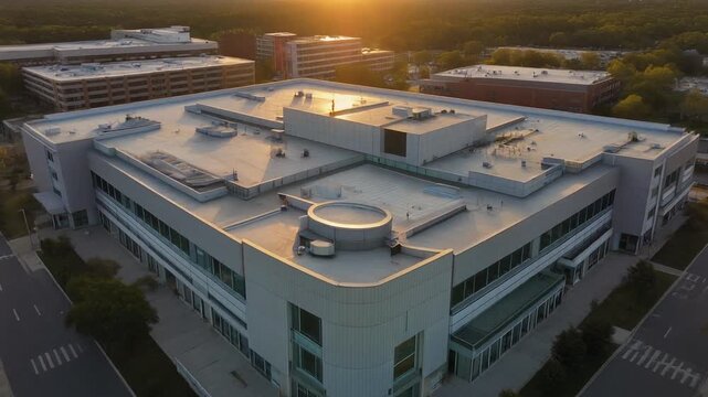 Modern building at sunset, aerial view of corporate architecture and urban landscape
