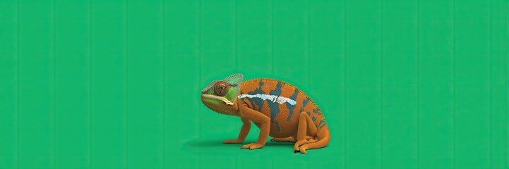 Orange Chameleon with Blue Patterns on a Textured Green Background