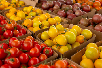 A view of assorted cherry tomatoes, at the farmers market.