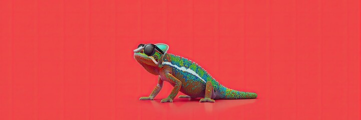 Blue and Green Chameleon on a Branch Against a Vibrant Orange Background