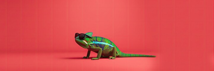 Camale&atilde;o Verde Estiloso com Listra Azul de &Oacute;culos de Sol em Fundo Vermelho