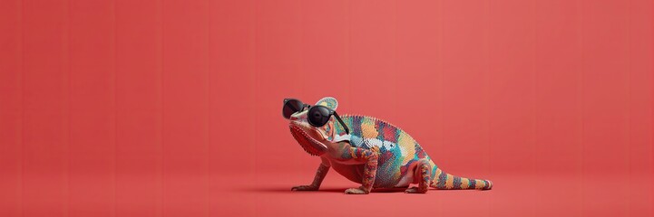 Colorful Chameleon with White Stripe on a Solid Orange Background