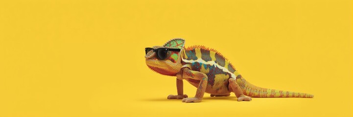 Cool Camouflage Chameleon Wearing Black Sunglasses on a Bright Yellow Background