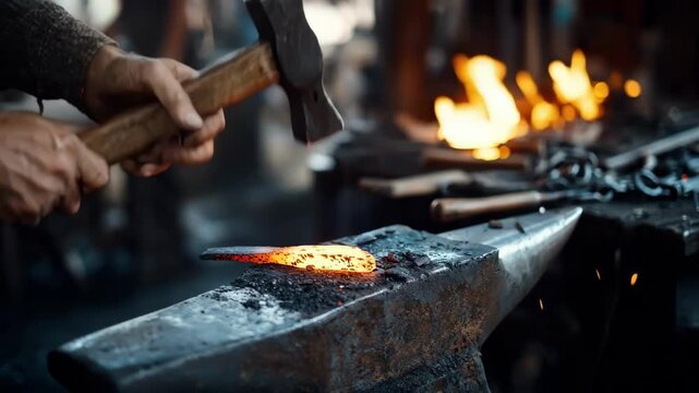 Medium shot of a blacksmith skillfully shaping heated metal using traditional hammer and anvil tools in a historic foundry setting.