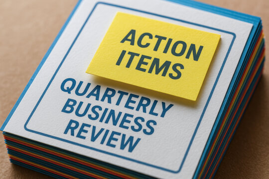 Quarterly business review with action items on sticky notes represents supply chain and logistic planning for effective management and strategy