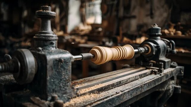 Medium shot of a classic cast iron woodworking lathe with robust construction smoothly spinning a wooden spindle in a traditional workshop setting.