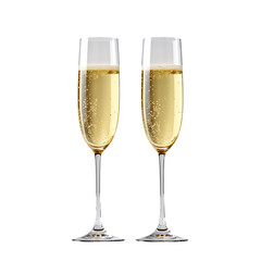 Pair of elegant champagne flutes brimming with sparkling golden liquid isolated. isolated on transparent background