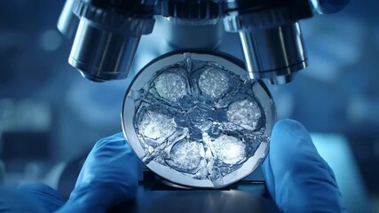 Research scientist analyzing microscopic structure of advanced aerospace alloys under a microscope to develop stronger lighter materials for air travel.