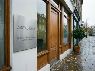 Exterior view of a modern dental clinic with large windows and a clear sign.