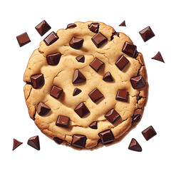 Freshly baked homemade chocolate chip cookie with scattered chocolate chunks isolated on transparent background