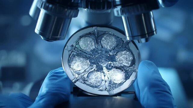 Research scientist analyzing microscopic structure of advanced aerospace alloys under a microscope to develop stronger lighter materials for air travel.