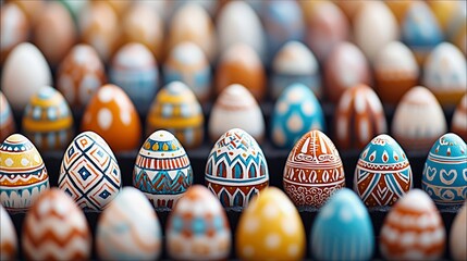 Close-up of a collection of colorful, decorated Easter eggs, arranged in neat rows, showcasing intricate patterns and designs.