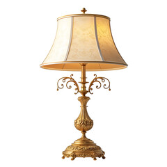 Ornate vintage golden table lamp with classical design and glowing warm light isolated on transparent background