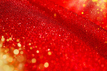 Red glitter background with golden bokeh.Christmas mockup in red and gold tones. 