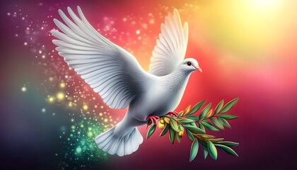 Obraz premium White dove carrying olive branch, peace and hope