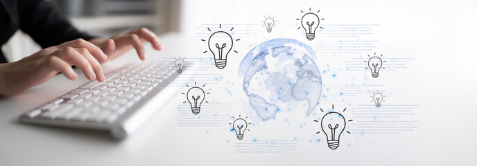 Concept of global innovation and shared knowledge. A network of creative ideas and brainstorming...