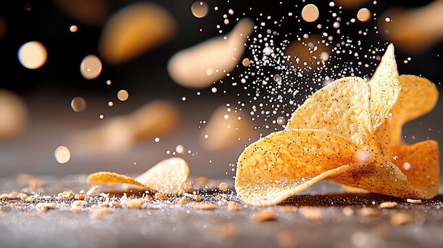 Close-up shot of potato chips with salt falling, creating a dynamic and appetizing visual against a dark background. - Powered by Adobe
