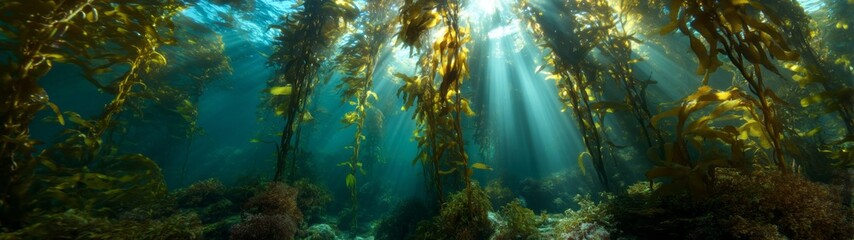Fototapeta premium Underwater kelp forest exploration ocean depths hdr panoramic photography mystical light