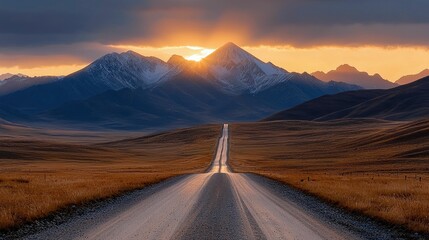 A long road stretches towards snow-capped mountains under a dramatic sunset sky. The landscape features rolling hills and golden fields.