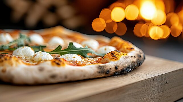 Close-up of a freshly baked pizza with mozzarella cheese and arugula on a wooden board, with a warm, inviting bokeh background. - Powered by Adobe