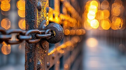 Close-up of a rusty metal gate secured with a chain, with blurred bokeh lights in the background, creating a warm and atmospheric scene.