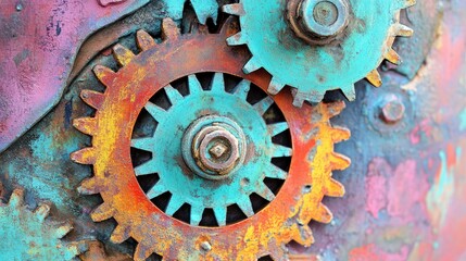 Close-up of interlocking rusty gears with vibrant colors and textures, showcasing mechanical details and industrial aesthetics.