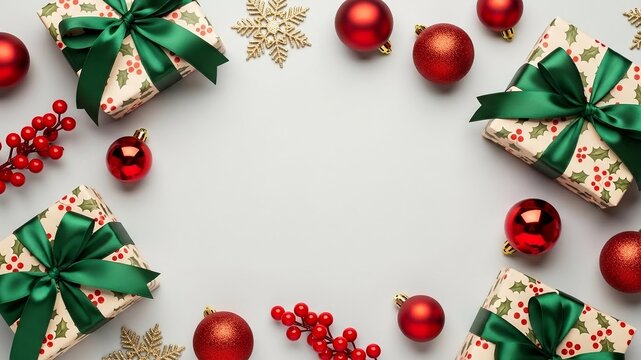 Festive Christmas composition with wrapped gift boxes, shiny red baubles, and decorations creating a frame on a light background with copy space