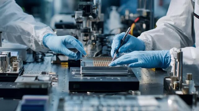 Medium shot of a laboratory setting where skilled professionals use advanced tools for finescale microplating on intricate device surfaces.