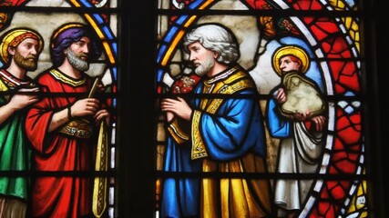 Stained Glass Depiction of Religious Figures in Discussion