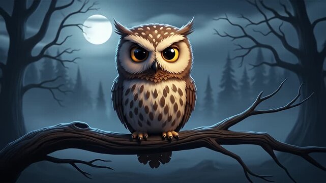 An animated owl perches on a branch in a spooky forest under a full moon, with its wings spread wide.